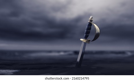 3D Rendering, Illustration Of A Metal Sword Half Buried In The Beach