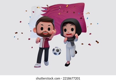 3d Rendering Illustration Of Middle East, Qatar Football Fans Characters Celebrating On White Background