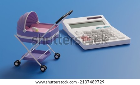 3D rendering illustration of a miniature stroller and calculator placed on a flat surface.