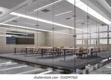 3D Rendering, Illustration, Mockup LED TV Screen In Modern Classroom Or Conference Interior. Decoration With Desk, Chair And Empty Board In Glass Room For Learning Or Seminar