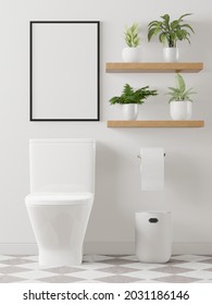 3D Rendering, 3D illustration mockup photo frame and wooden shelf with plant in pot on the wall over toilet, Decorate in white tone, Rendering