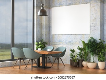 3D Rendering, 3D Illustration,  Mockup Photo Frame On The Wall Of Lounge Or Canteen Room, Interior Of Comfortable With Luxury Sofa And Beautiful Furniture, Rendering