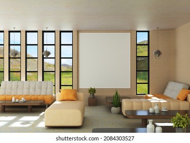 3D Rendering, 3D Illustration, Mockup Photo Frame On The Wall Of Lounge Or Living Room, Interior Of Comfortable With Luxury Sofa And Beautiful Furniture, Rendering