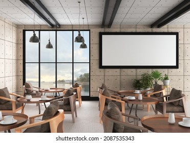 3D Rendering, 3D Illustration, Mockup Photo Frame On The Wall Of Lounge Or Canteen Room, Interior Of Comfortable With Luxury Sofa And Beautiful Furniture, Rendering