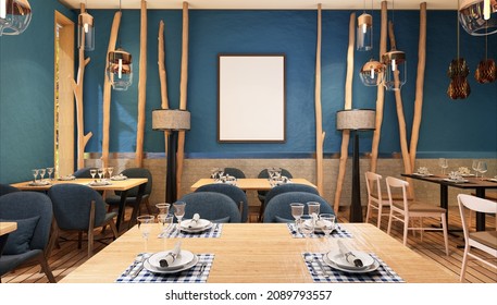 3D Rendering, 3D Illustration, Mockup Photo Frame For Picture Or Poster Promotion On The Wooden Panel Of Restaurant Airy And Clean Style, Decorated With Wooden Chair Arranged Near Window Glass