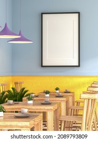 3D Rendering, 3D Illustration, Mockup Photo Frame For Picture Or Poster Promotion On The Wooden Panel Of Restaurant Airy And Clean Style, Decorated With Wooden Chair Arranged Near Window Glass