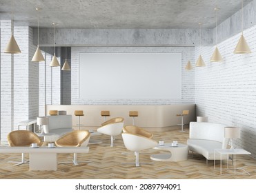 3D Rendering, 3D Illustration, Mockup Photo Frame On The Wall Of Lounge Or Canteen Room, Interior Of Comfortable With Luxury Sofa And Beautiful Furniture, Rendering