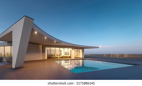 3D rendering illustration of modern house with swimming pool - Shutterstock ID 2171886145