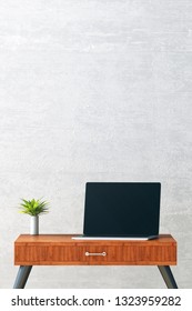 3D Rendering : illustration of modern interior Creative designer office desktop with laptop computer.pc laptops mock up working place of graphic design.light from outside. clipping path included