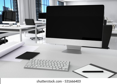 3D Rendering : illustration of modern interior white office of Creative designer desktop with PC computer.computer labs.working place of graphic design,city view.close-up.Mock up - Powered by Shutterstock