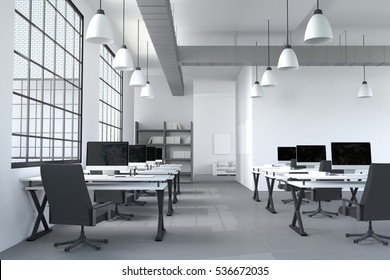 3D Rendering : Illustration Of Modern Interior White Office Of Creative Designer Desktop With PC Computer.computer Labs.working Place Of Graphic Design.close-up.Mock Up