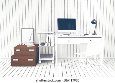 3D Rendering : illustration of modern interior Creative designer office desktop with PC computer.working place of graphic design.close-up.Mock up.filtered image to comic halftone picture process - Shutterstock ID 586417985