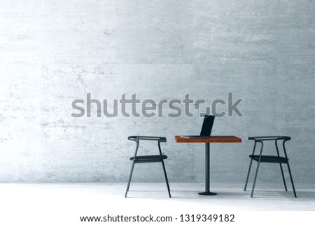 3D Rendering : illustration of modern interior Creative designer office desktop with PC computer. mock up working place. light from outside. loft cement wall background.