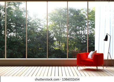 3D Rendering : illustration of Modern living room with nature view. decorate room with wooden cozy style interior. large window looking to nature and forest with sunlight. white curtain.