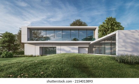 3D Rendering Illustration Of Modern Minimal House With Natural Landscape