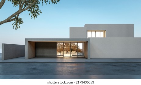 3D Rendering Illustration Of Modern Minimal House With Small Garden In Front Of House And Walkway Surrounding A House