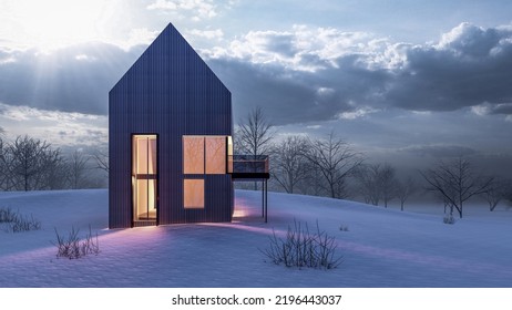 3d Rendering Illustration Of Modern Minimal House On A Sloping Snow Terrain With Cloudy Sky Background