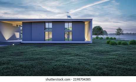 3d Rendering Illustration Of Modern Minimal House With A Lawn Playground And Natural View 