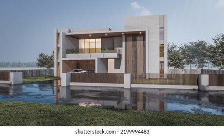 3d Rendering Illustration Of A Modern Minimal House With Garage, Natural Playground And Fence On Raining Day