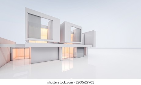 3D Rendering Illustration Of Modern Minimal House On White Background And Light In House Reflection On Ground