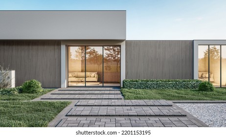 3d Rendering Illustration Of Modern Minimal House With A Concrete Walkway And Natural Playground 