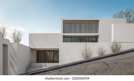 3d Rendering Illustration Of Modern Minimal House With A Slope Terrain Street In Front Of A House