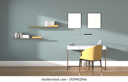 A 3D Rendering Illustration Of A Modern Minimalist Teenager's Study Room - Frames For Copy Space