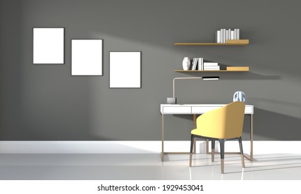 A 3D Rendering Illustration Of A Modern Minimalist Teenager's Study Room - Frames For Copy Space