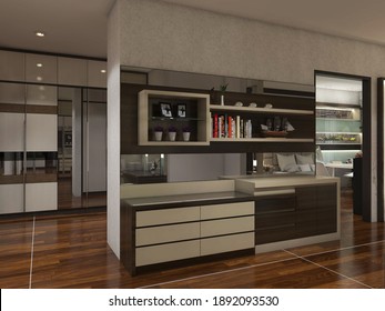 3d rendering, 3d illustration - Modern showcase and racks design with wooden grain textures. 