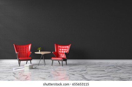 3d rendering : illustration of Modern vintage interior living room. red leather ancient sofa against black concrete brick wall with white marble texture floor.soft color and light shining from outside