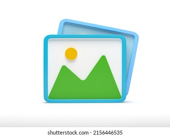 3d Rendering, 3d Illustration. Mountains And Sun Landscape Gallery Symbol. Minimal Image, Photo, Jpg File Icon