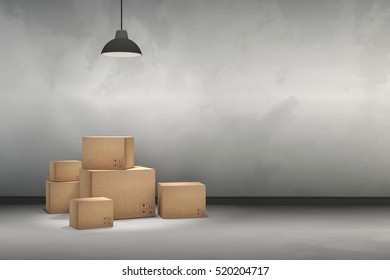 3D rendering : illustration of moving boxes at a new office.new home.Interior moving house with cardboard boxes