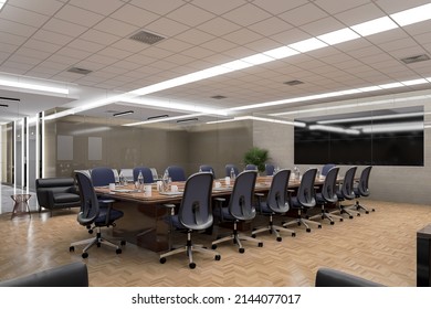 3D Rendering, Illustration, Multi Screen LED TV On The Wall In Modern Meeting Room With Panoramic, Workplace With Glass Panel On Marble Floor