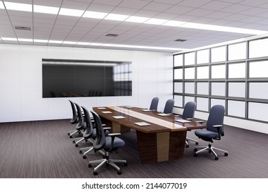 3D Rendering, Illustration, Multi Screen LED TV On The Wall In Meeting Room, Interior Design In Glass Room, Light From Windows And Fluorescent On Ceiling