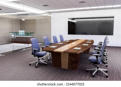 3D Rendering, Illustration, Multi Screen LED TV On The Wall In Modern Meeting Room With Laptop Computer, Workplace With Glass Panel Near Reception Counter