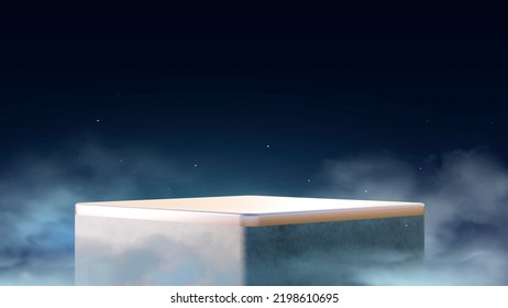 3d rendering, 3d illustration, natural minimalist podium background in high clouds, surrounded by clouds and night sky, cosmetic product pedestal, skin care, night cream, etc.