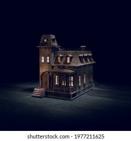 3D Rendering, illustration of an old creepy wooden doll house in a dark room. high contrast image