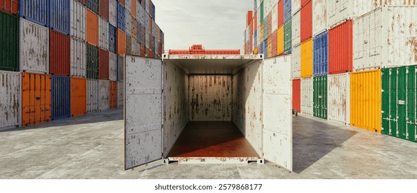 3D rendering illustration of an old rusty shipping container with open doors, revealing an empty interior in an industrial storage yard.