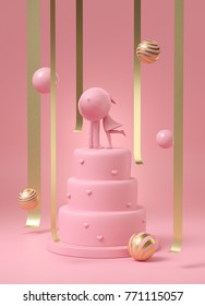 3d Rendering Illustration Of Pink Wedding Cake With Pink Couple Kissing Doll On Top Of Cake With Gold Ribbon And Decorating Ball On Pink Background.