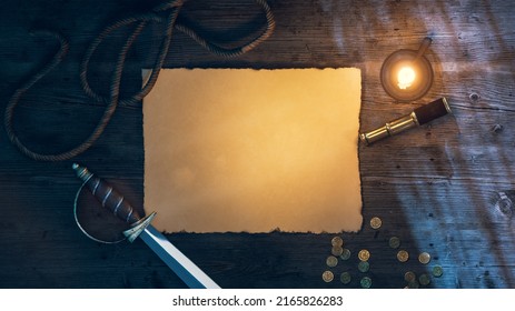 3d rendering, illustration of a pirate's cutlass sword on a desk at night