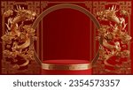 3d rendering illustration of podium round stage podium and paper art chinese new year, chinese festivals, mid autumn festival , red and gold ,flower and asian elements  on background.
