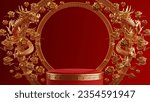 3d rendering illustration of podium round stage podium and paper art chinese new year, chinese festivals, mid autumn festival , red and gold ,flower and asian elements  on background.
