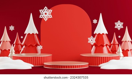 3d rendering illustration podium winter christmas festival with christmas tree,santa claus,gift boxes, ribbon,ball,snow,product, promotion sale, presentation pedestal 3d rendering on background color. - Powered by Shutterstock