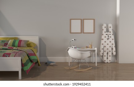 A 3D rendering illustration of positive minimalist and colorful room for kids - empty frames for your pictures