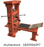 3D Rendering Illustration of a Printing Press invented and manufactured by the german goldsmith and inventor Johannes Gutenberg in the middle on the XV Century with wooden body and  metal mobile parts