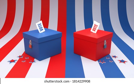 3D Rendering Illustration Of Red And Blue Ballot Box With Vote Text Isolated On Red Blue And White Line Strip Background, 2020 Usa Presidential Election.