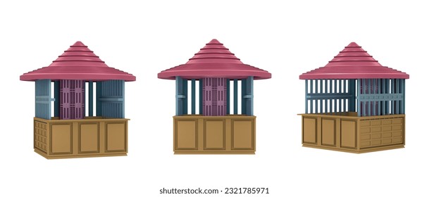 3D RENDERING ILLUSTRATION. Sample idea model booth kiosk perspective design. Small business street food drink shop stall market or Product exhibition fair counter concept isolated white background.