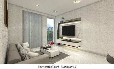 3d Rendering, 3d Illustration - Simple And Minimalist Living Room Design. There Is Only Tv Cabinet, Coffee Table And Sofa. 