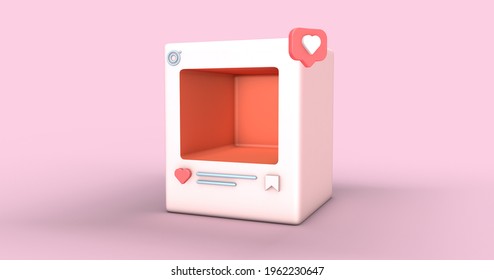 3d Rendering Illustration Of A Social Media Profile Example With Heart, Save And Like Symbols And Icons And A Character Cartoon Style Inside