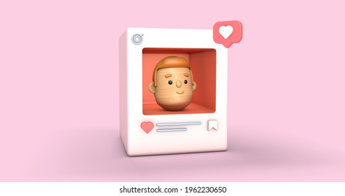 3d Rendering Illustration Of A Social Media Profile Example With Heart, Save And Like Symbols And Icons And A Character Cartoon Style Inside